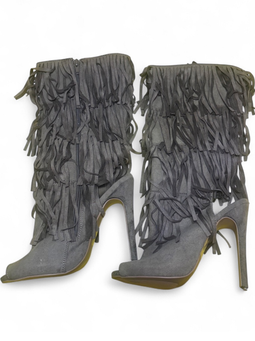 Grey Size 7 Faux Suede Tiered Fringe Stiletto Ankle Boots Zipper Peekaboo Toe